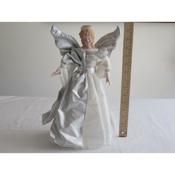 Roman RR ~14.5" Wht Angel Tree Topper Top Silver Wings Lace Porcelain Head Hands - Picture 2 of 12